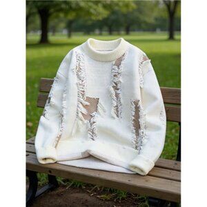 NWT Men's White Distressed Sweater | Ripped Knit Pullover